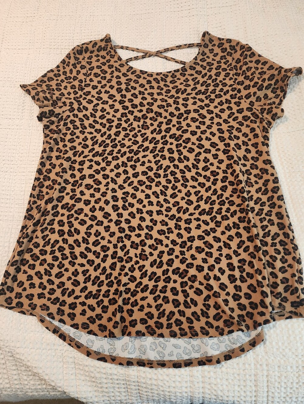 Planet Gold Leopard Print Short Sleeve Top Criss-Cross Back 1X Tan Black Stretch